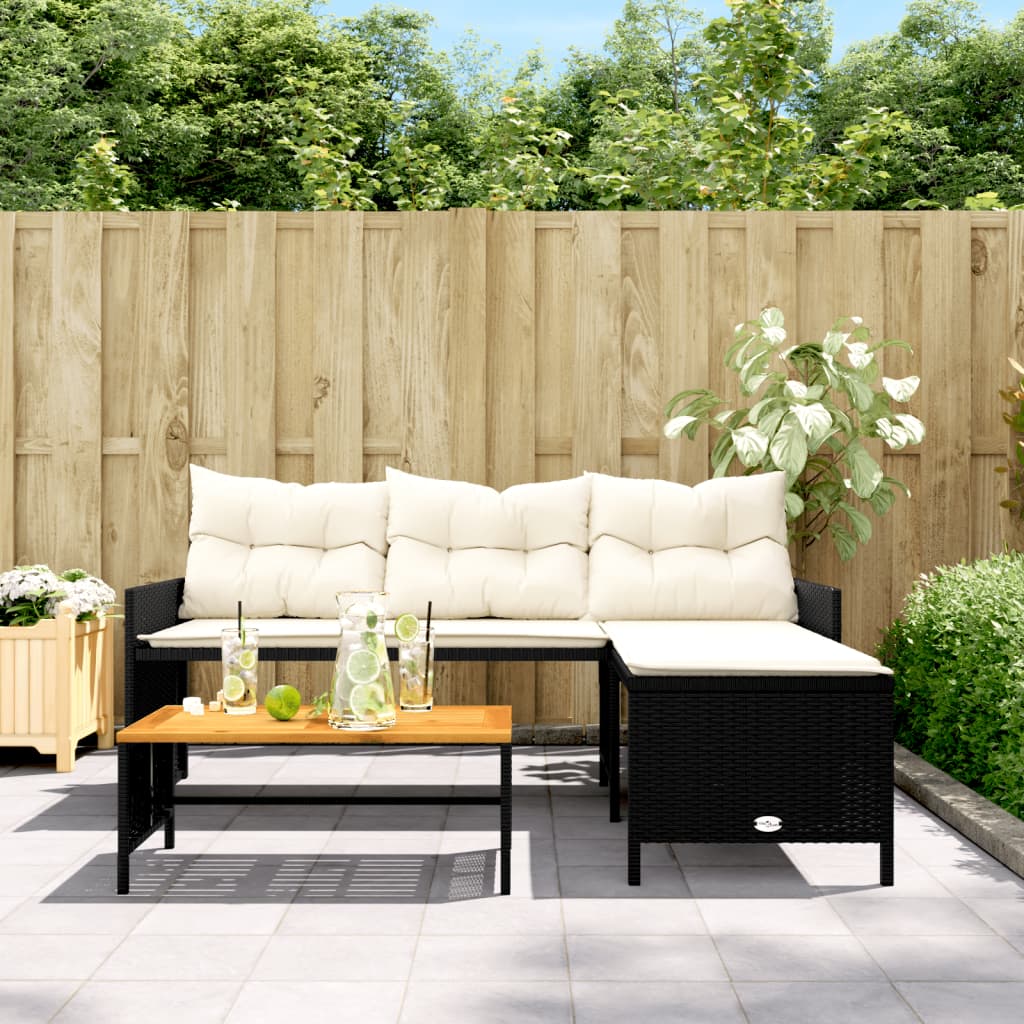 L-Shaped Black Poly Rattan Garden Sofa Set with Table & Cushions