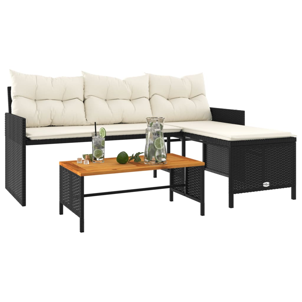 L-Shaped Black Poly Rattan Garden Sofa Set with Table & Cushions