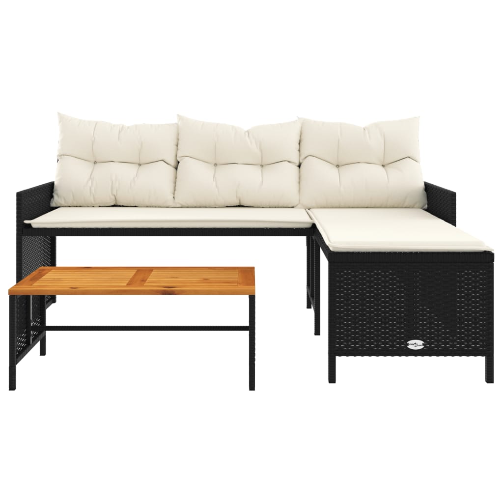 L-Shaped Black Poly Rattan Garden Sofa Set with Table & Cushions