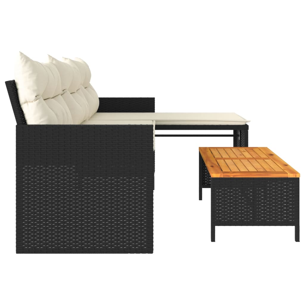 L-Shaped Black Poly Rattan Garden Sofa Set with Table & Cushions