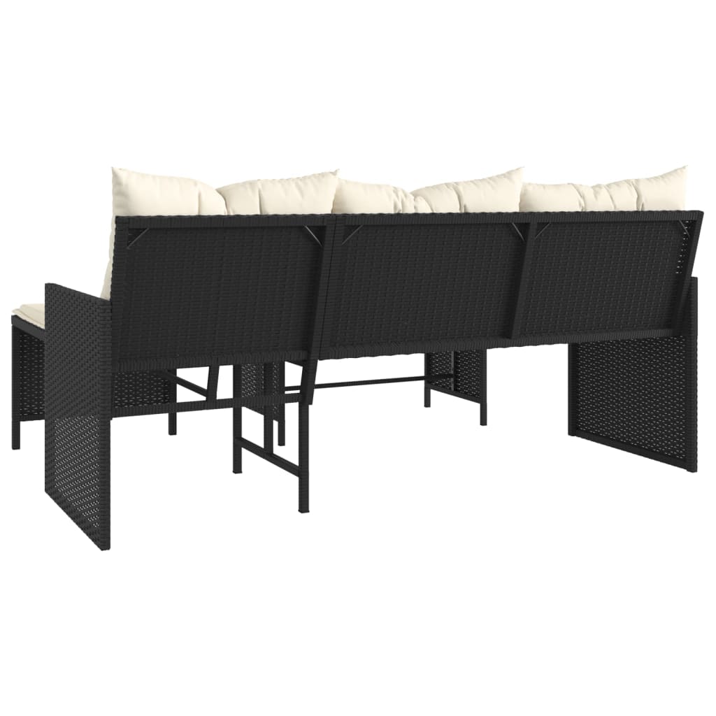 L-Shaped Black Poly Rattan Garden Sofa Set with Table & Cushions