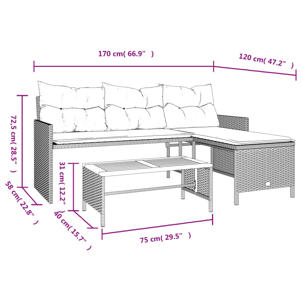 L-Shaped Black Poly Rattan Garden Sofa Set with Table & Cushions