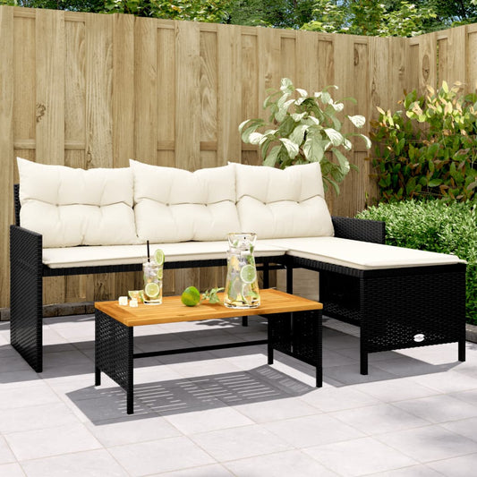L-Shaped Black Poly Rattan Garden Sofa Set with Table & Cushions