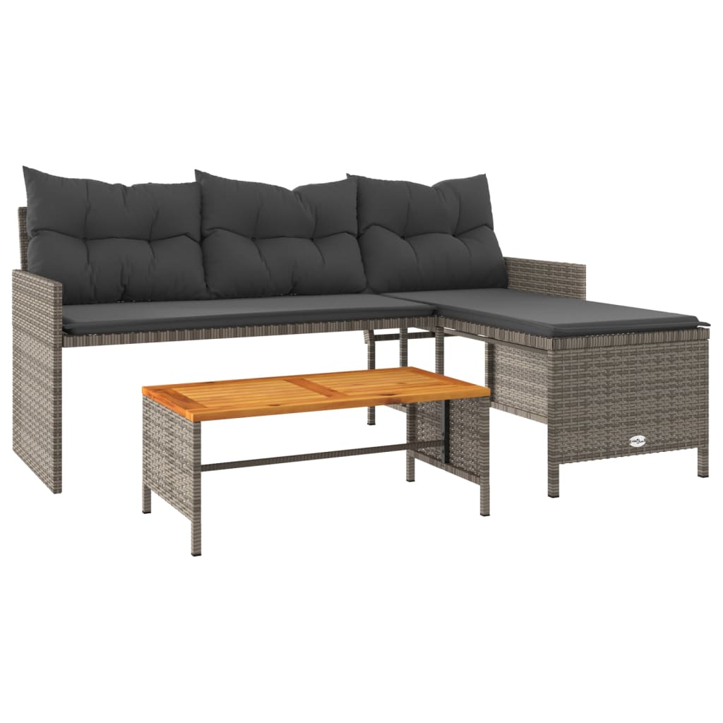 L-Shaped Grey Poly Rattan Garden Sofa with Table & Cushions