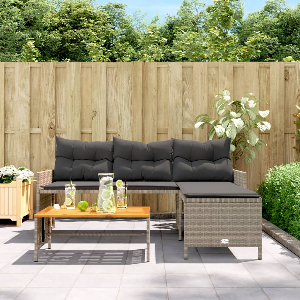 L-Shaped Grey Poly Rattan Garden Sofa with Table & Cushions