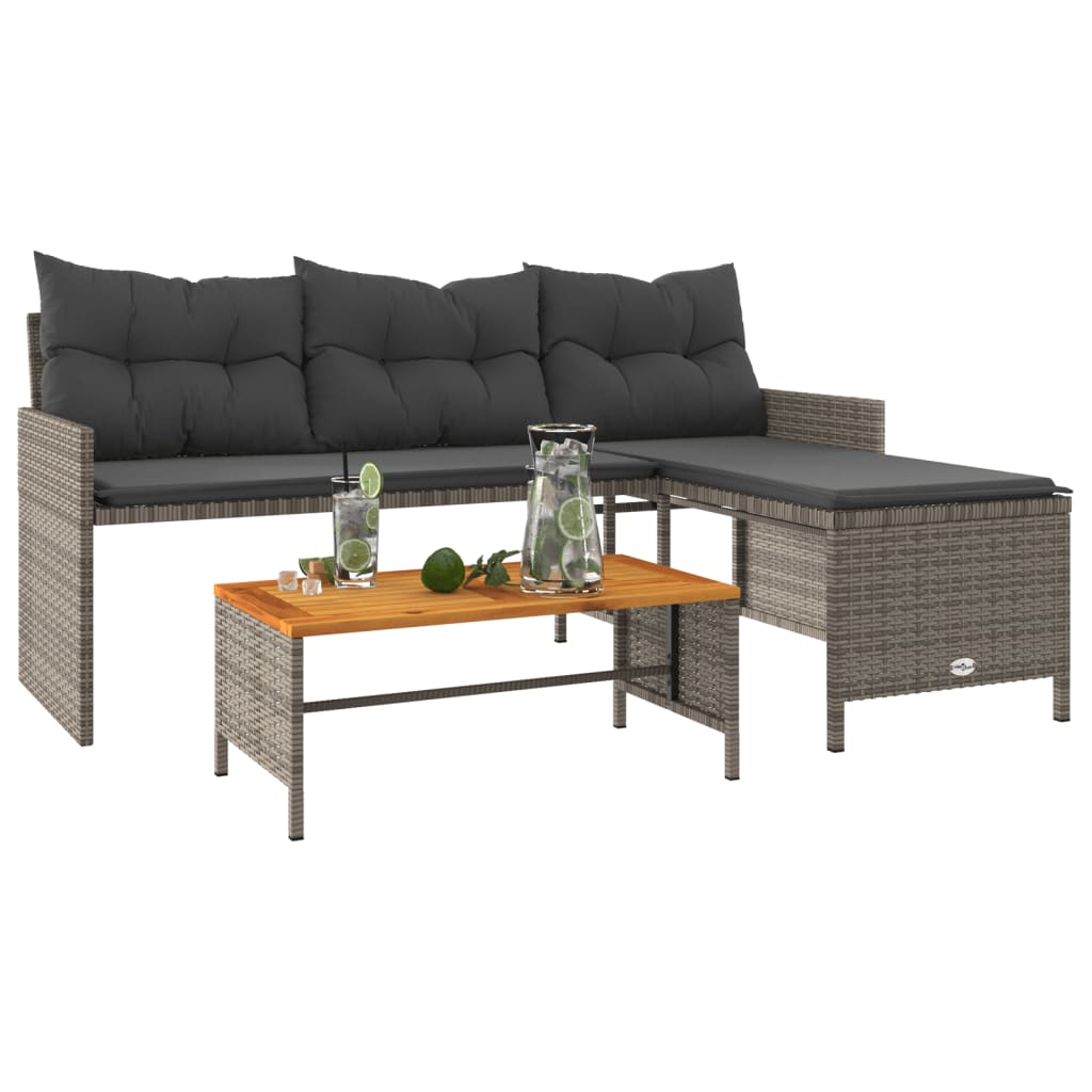 L-Shaped Grey Poly Rattan Garden Sofa with Table & Cushions