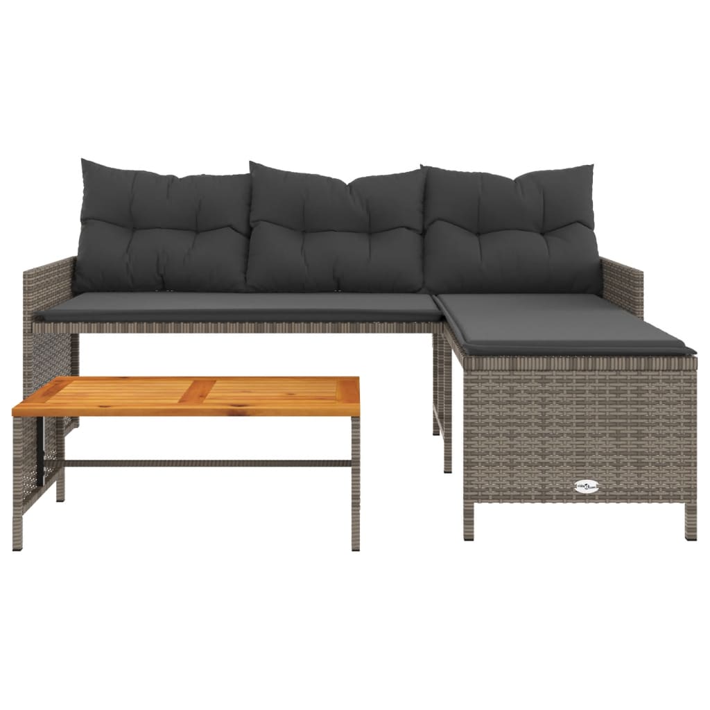 L-Shaped Grey Poly Rattan Garden Sofa with Table & Cushions
