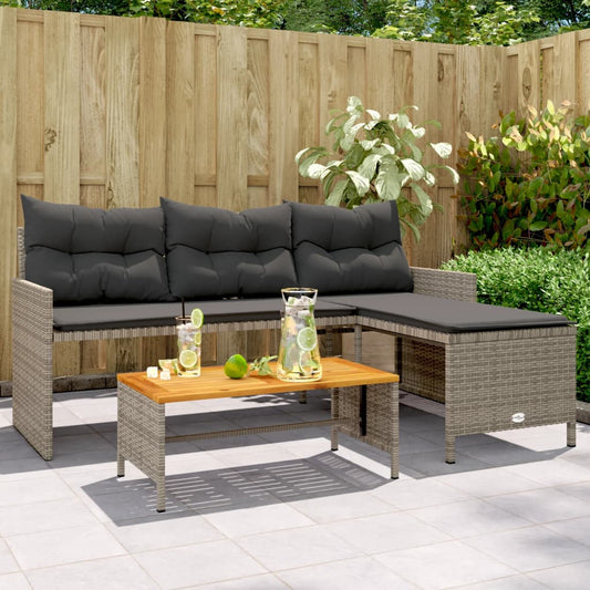 L-Shaped Grey Poly Rattan Garden Sofa with Table & Cushions
