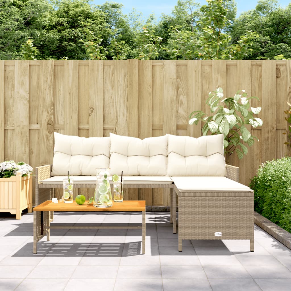 L-Shaped Beige Poly Rattan Garden Sofa Set with Table & Cushions