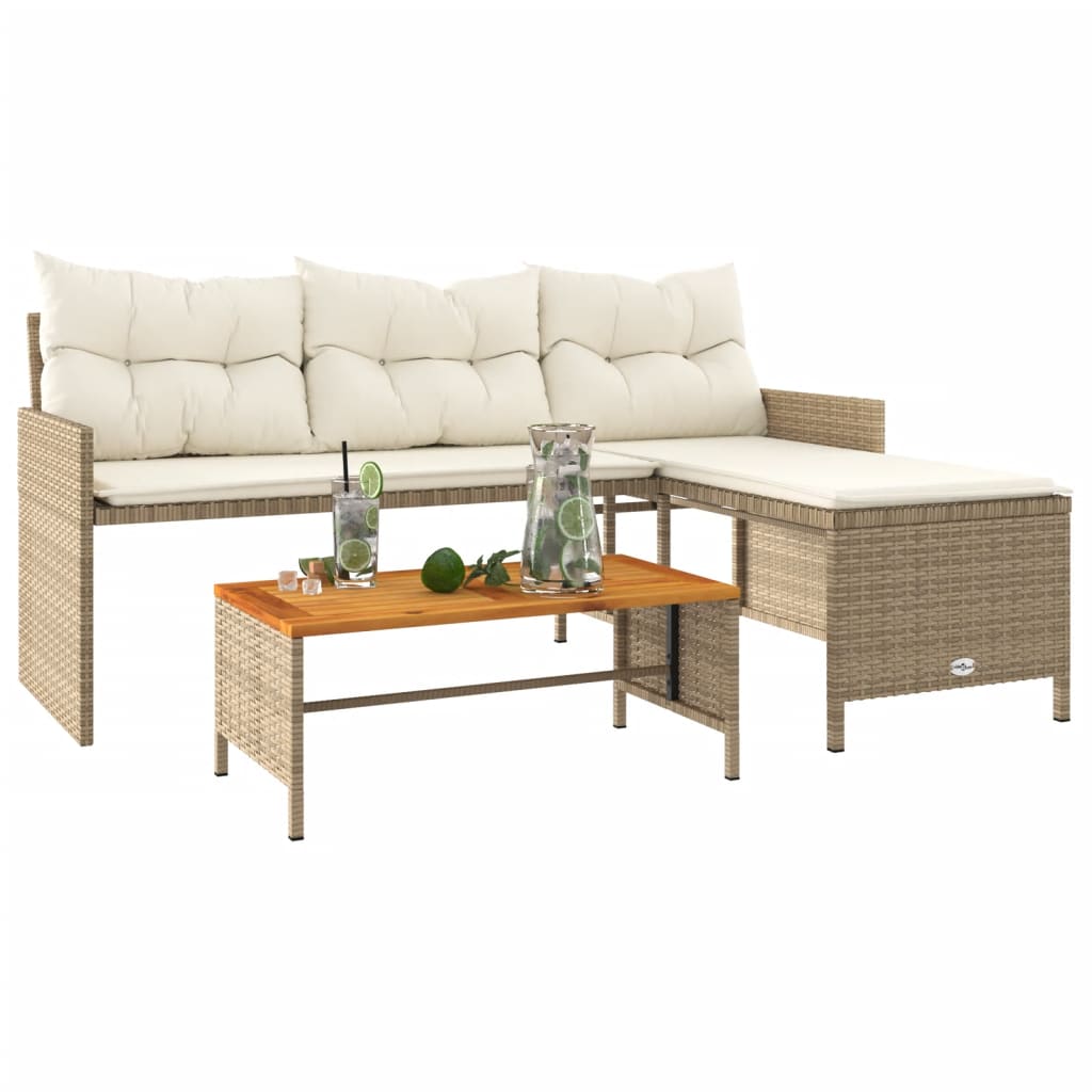 L-Shaped Beige Poly Rattan Garden Sofa Set with Table & Cushions