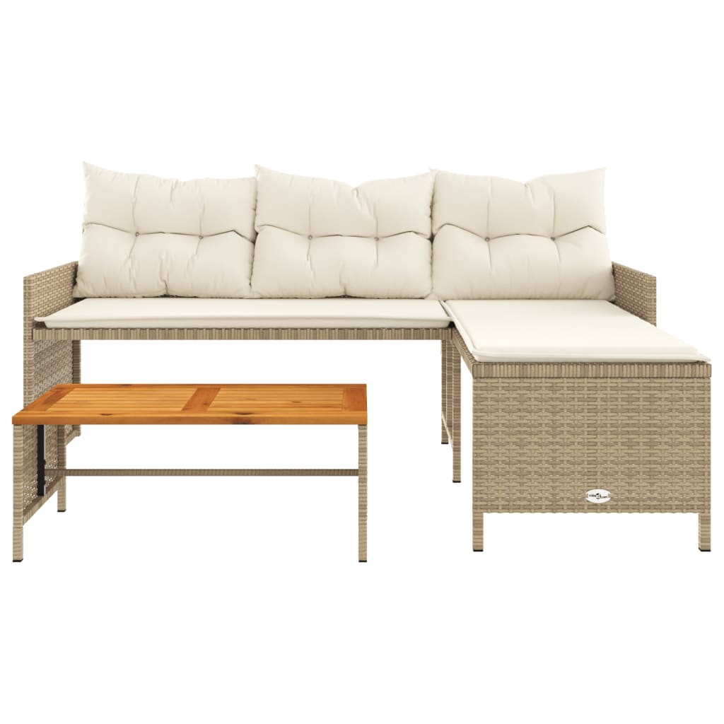 L-Shaped Beige Poly Rattan Garden Sofa Set with Table & Cushions