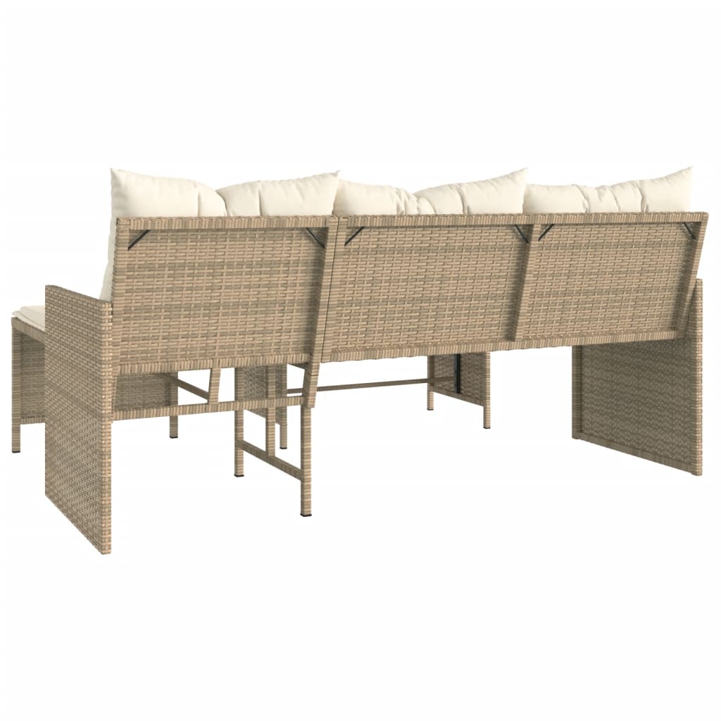 L-Shaped Beige Poly Rattan Garden Sofa Set with Table & Cushions