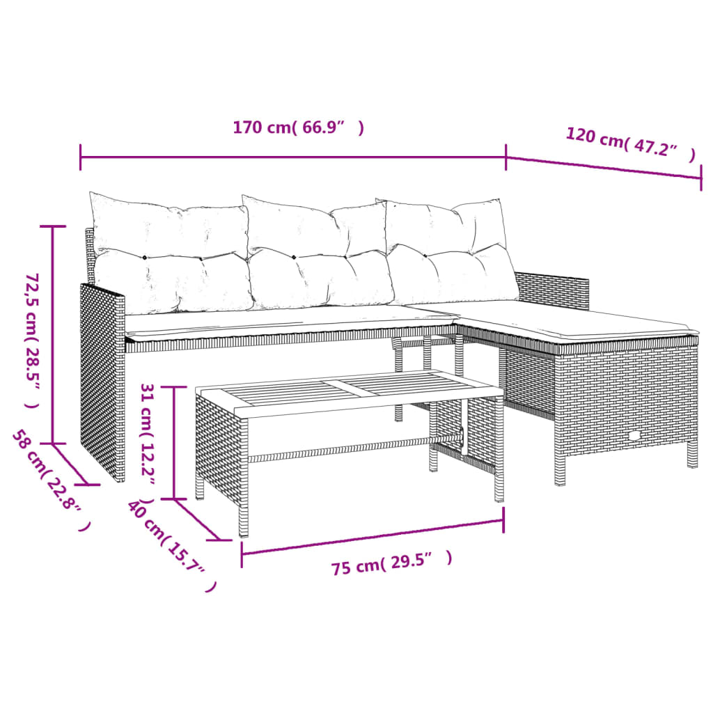 L-Shaped Beige Poly Rattan Garden Sofa Set with Table & Cushions