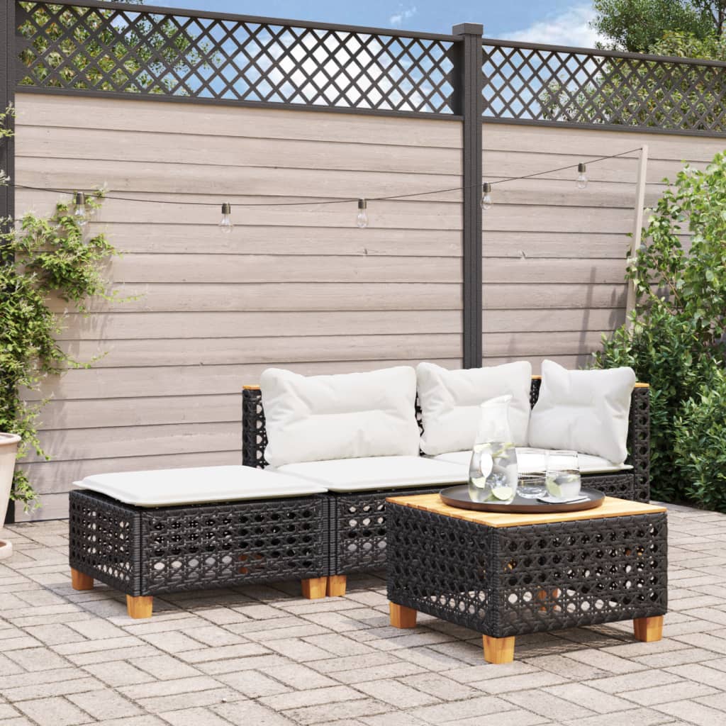 Black Poly Rattan Garden Stool with Cushion, 63.5x56x32 cm