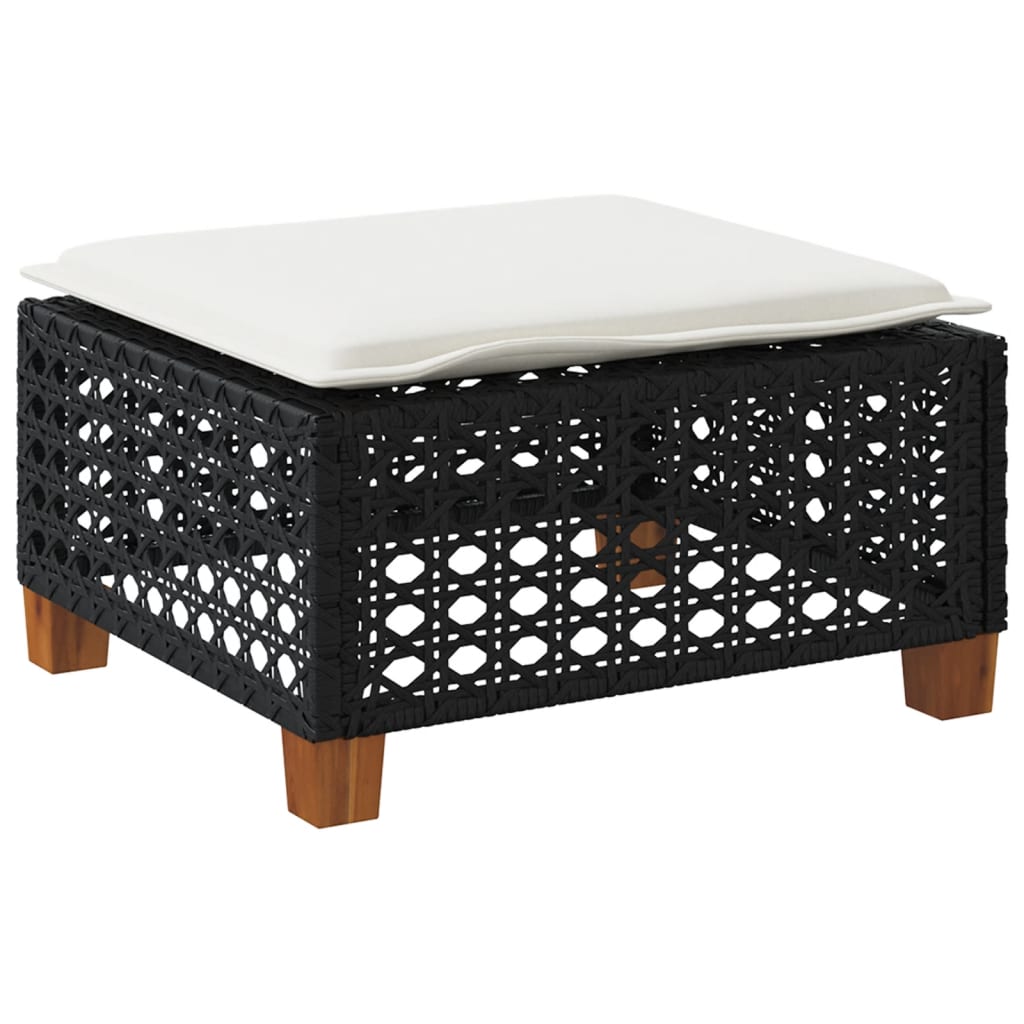 Black Poly Rattan Garden Stool with Cushion, 63.5x56x32 cm