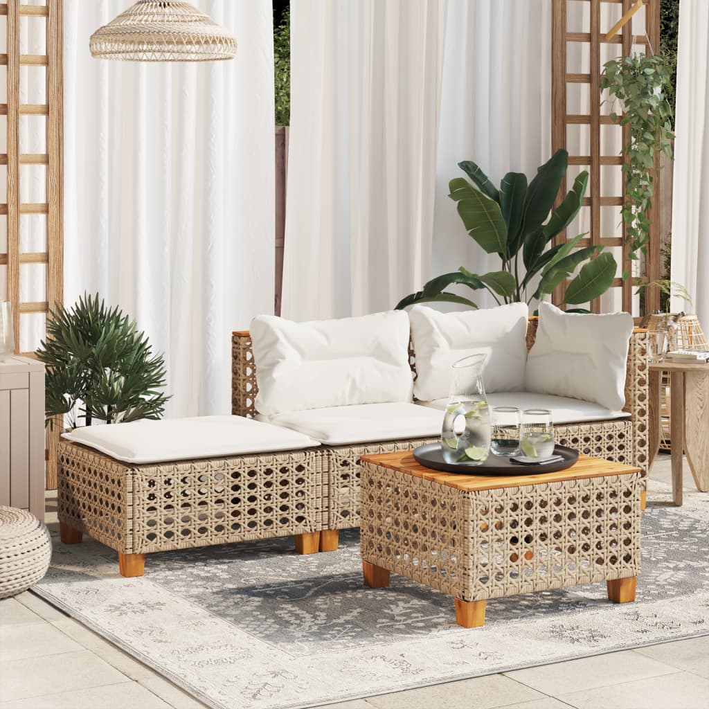 Beige Poly Rattan Garden Stool with Cushion, 63.5x56x32 cm