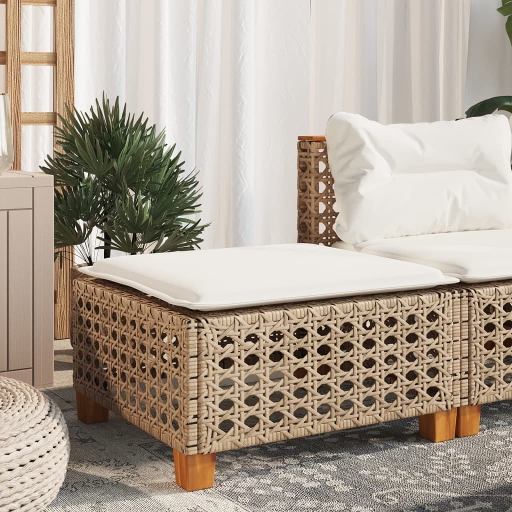 Beige Poly Rattan Garden Stool with Cushion, 63.5x56x32 cm