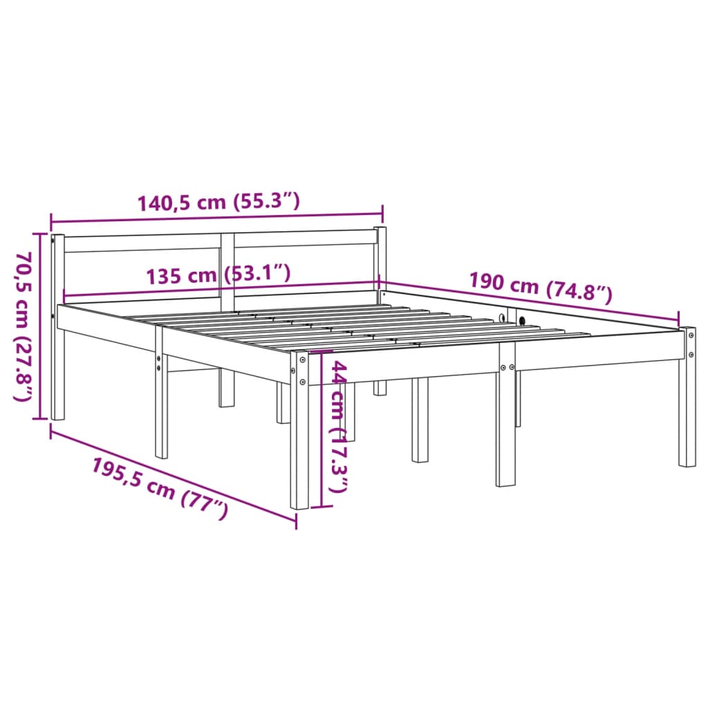 Solid Pine Wax Brown Double Bed 135x190 cm - No Mattress Included