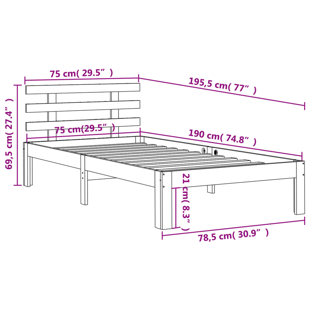 Solid Pine Wood Bed Frame, Wax Brown 75x190 cm Small Single