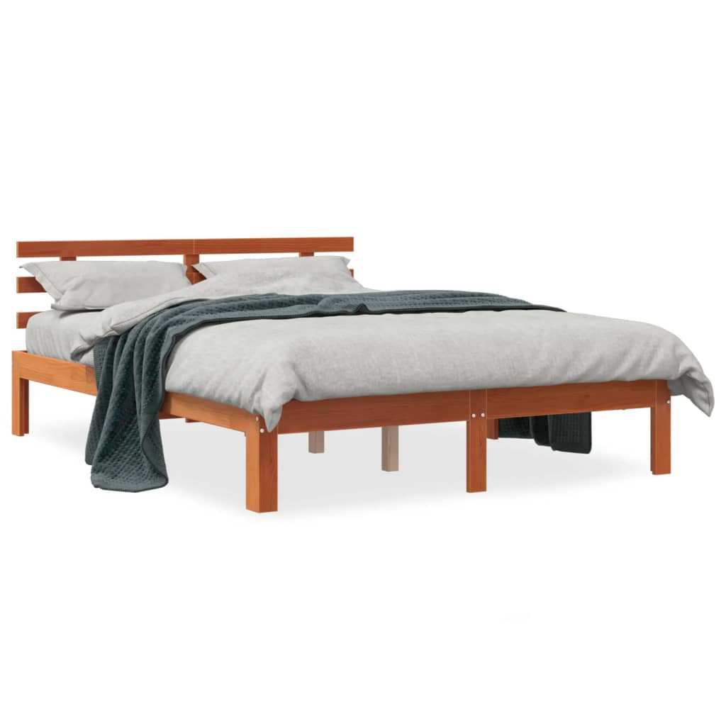 Solid Pine Wood Bed Frame 140x190 cm, Wax Brown Finish
