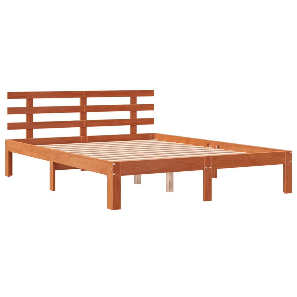 Solid Pine Wood Bed Frame 140x190 cm, Wax Brown Finish