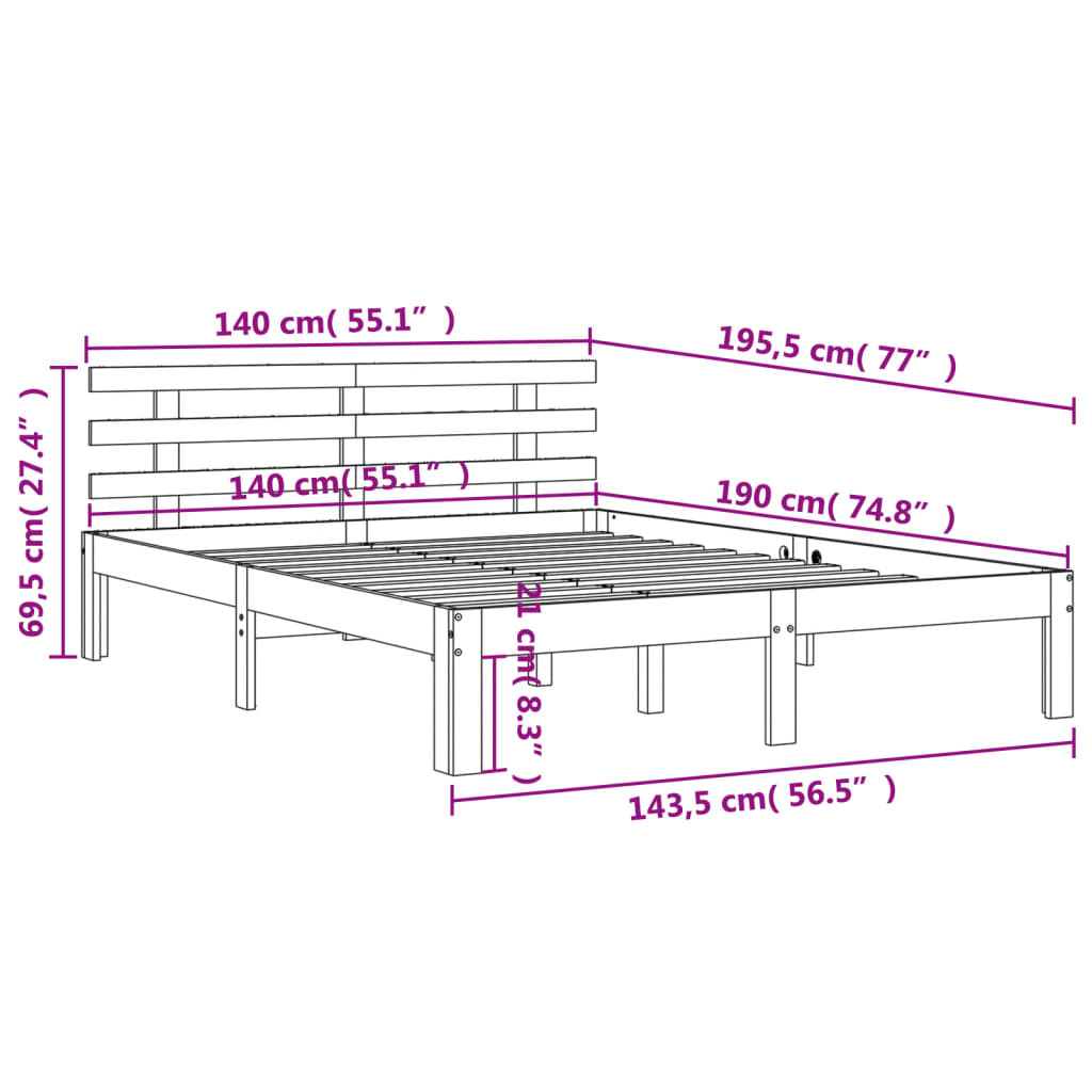 Solid Pine Wood Bed Frame 140x190 cm, Wax Brown Finish