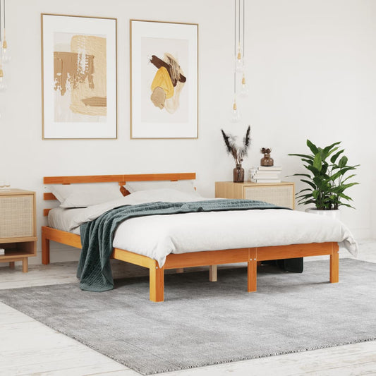 Solid Pine Wood Bed Frame 140x190 cm, Wax Brown Finish