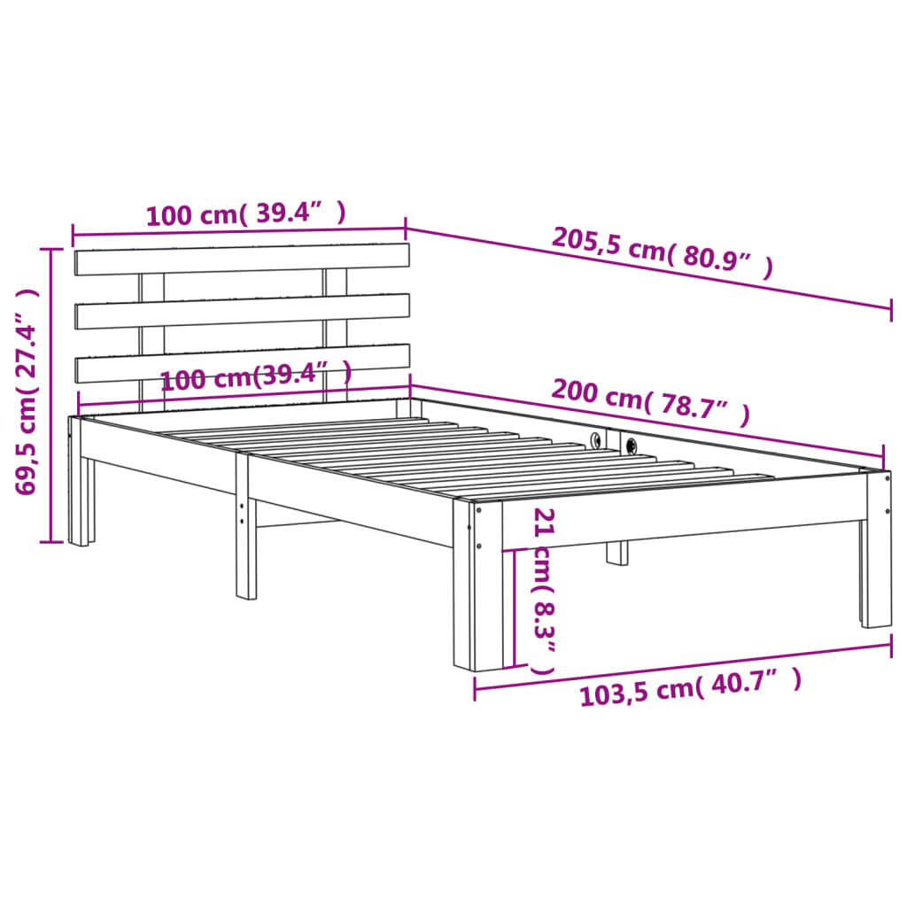 Solid Pine Wood Bed Frame, Wax Brown, 100x200 cm