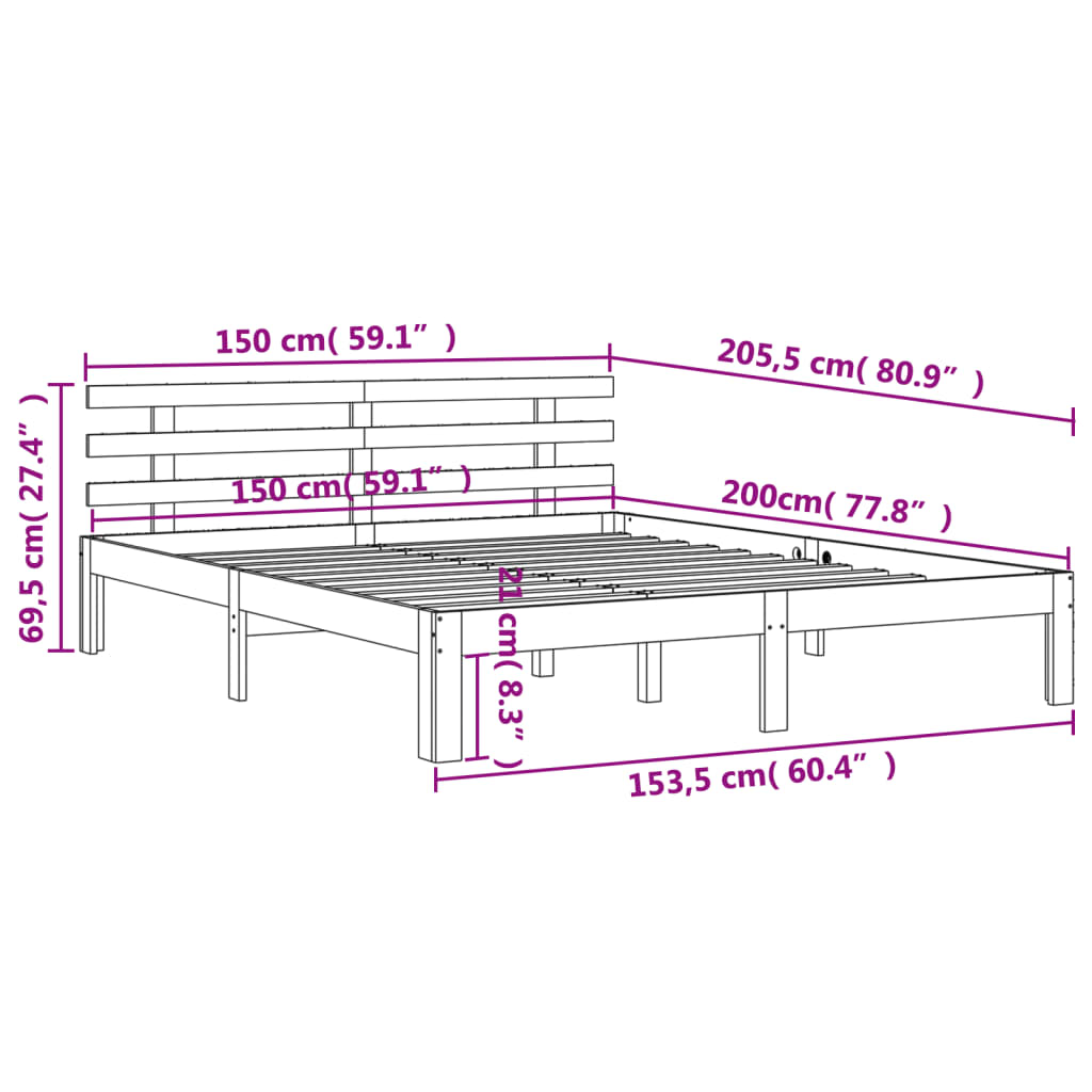 King Size Solid Pine Bed Frame, Wax Brown 150x200 cm