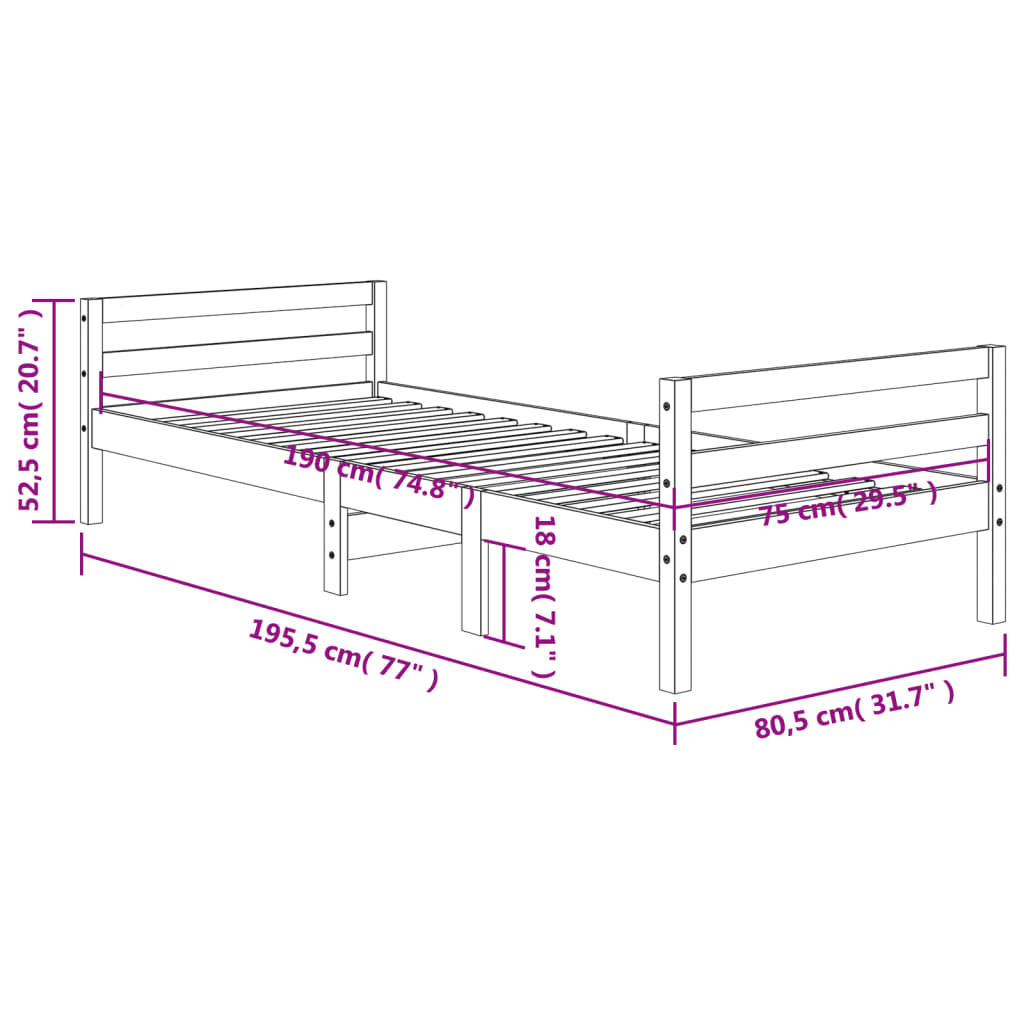 Solid Pine Wood Bed Frame, Wax Brown, 75x190 cm, Small Single