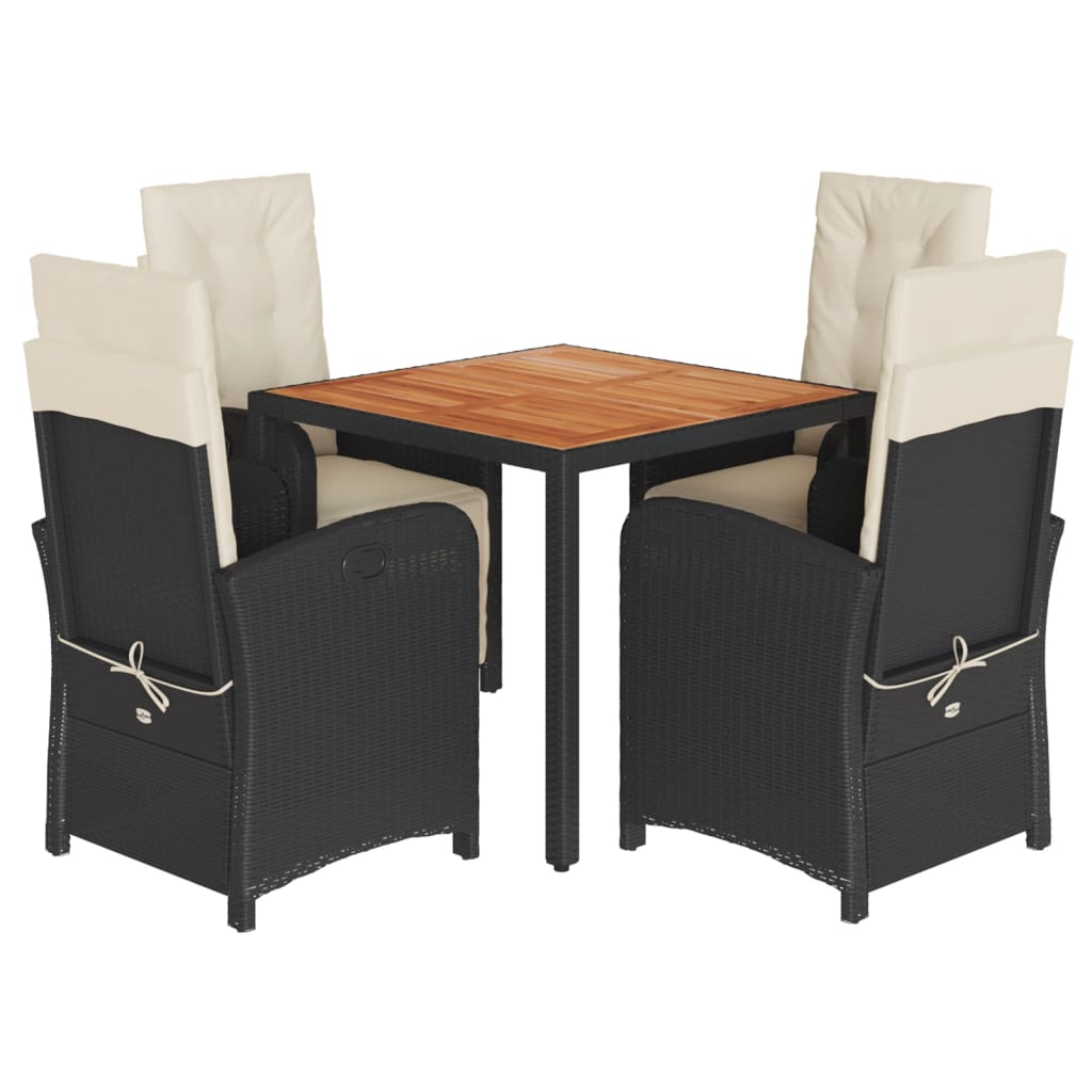 5 Piece Garden Dining Set with Cushions Black Poly Rattan