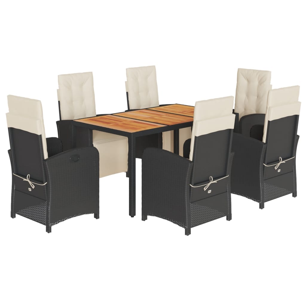 7 Piece Garden Dining Set with Cushions Black Poly Rattan