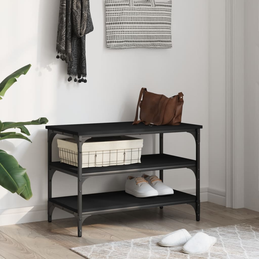 Sleek Black Engineered Wood Shoe Bench 70x38.5x49 cm