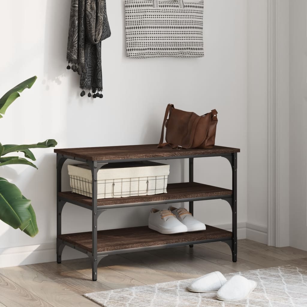 Brown Oak Shoe Bench – 70x38.5x49cm, Engineered Wood