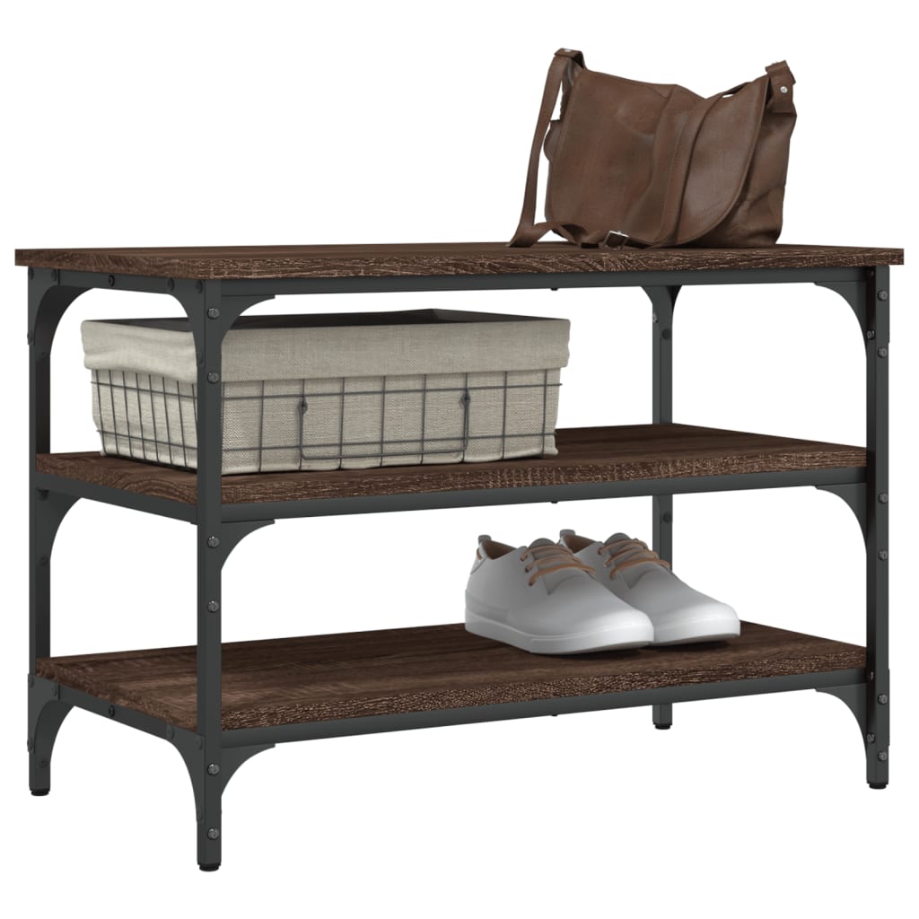 Brown Oak Shoe Bench – 70x38.5x49cm, Engineered Wood