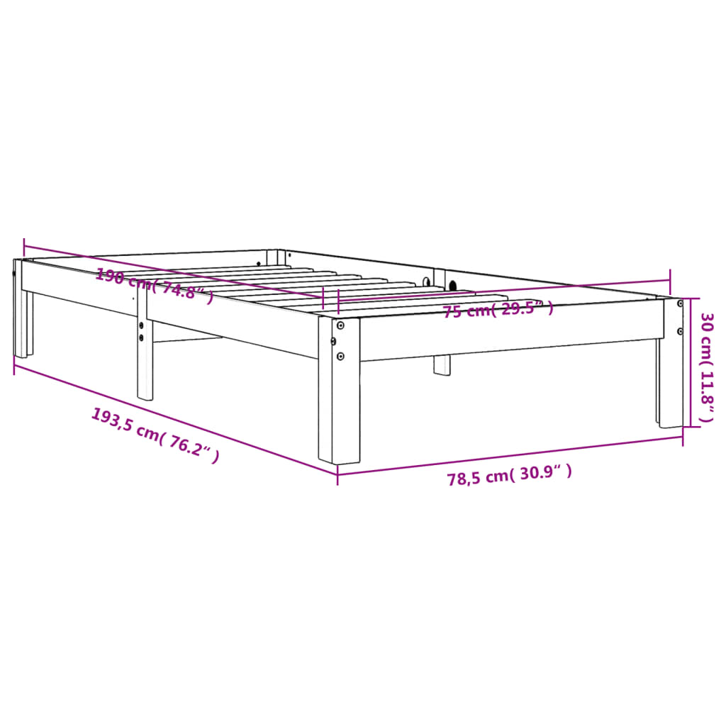 Solid Pine Wood Bed Frame, Wax Brown, Small Single 75x190 cm