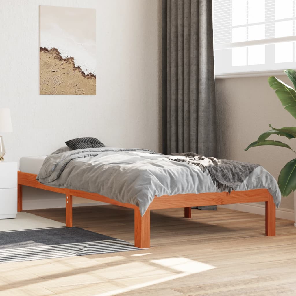Solid Pine Wood Bed Frame, Wax Brown, Small Single 75x190 cm
