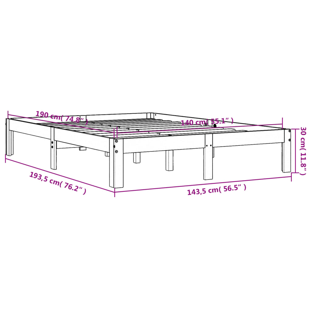 Solid Pine Bed Frame 140x190 cm, Wax Brown, No Mattress Included