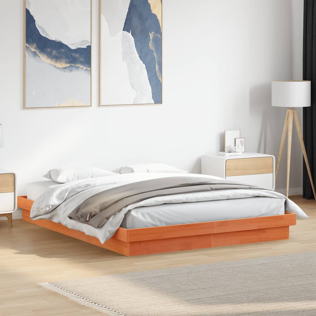 Wax Brown LED Bed Frame 160x200 cm - Solid Wood, No Mattress