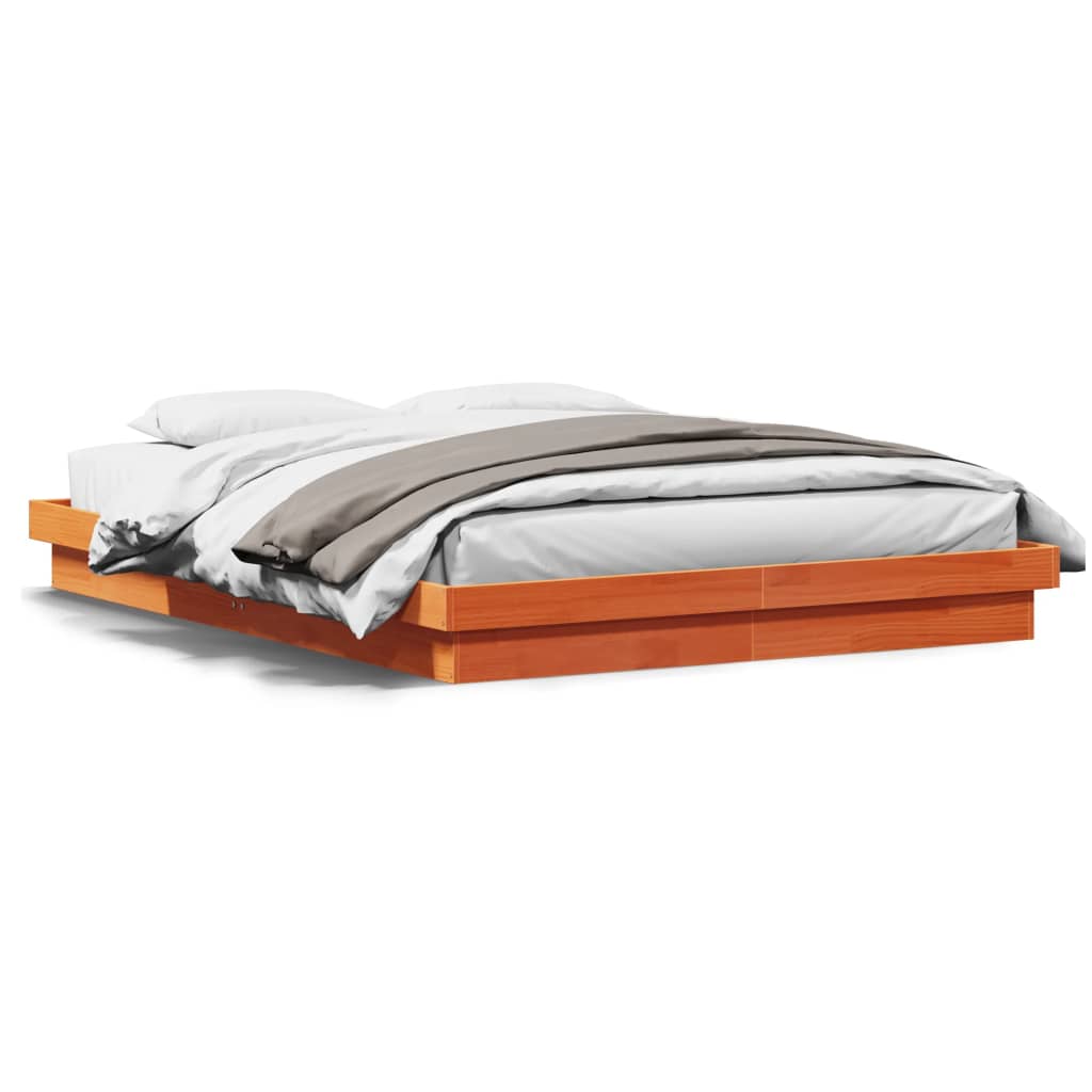 Wax Brown LED Bed Frame 160x200 cm - Solid Wood, No Mattress