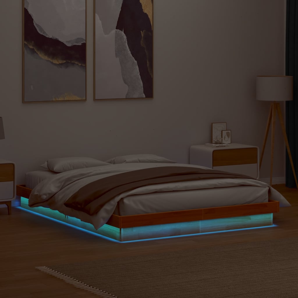 Wax Brown LED Bed Frame 160x200 cm - Solid Wood, No Mattress