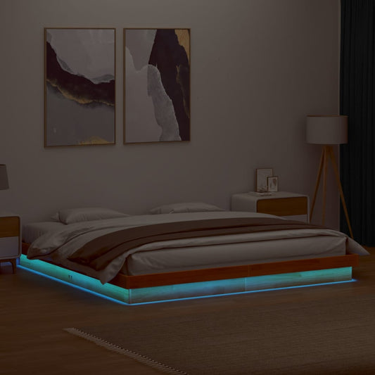 Wax Brown Solid Wood LED Bed Frame 200x200 cm - No Mattress