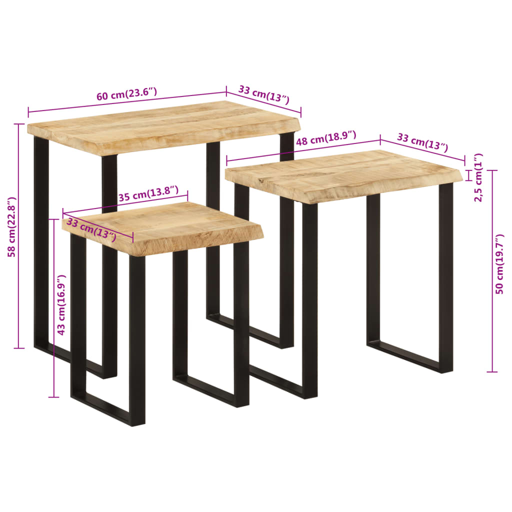 Nesting Tables 3 pcs with Live Edge Solid Wood Mango