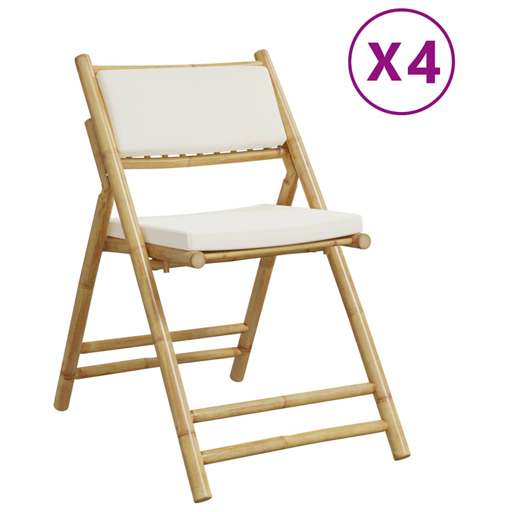 Bamboo Folding Bistro Chairs Set with Cream White Cushions - 4 Piece