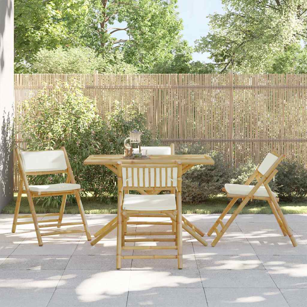 Bamboo Folding Bistro Chairs Set with Cream White Cushions - 4 Piece