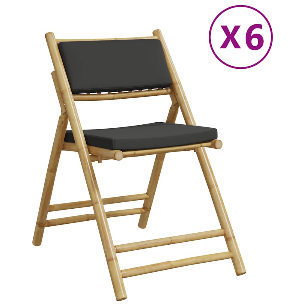 Bamboo Folding Bistro Chairs Set, Dark Grey Cushions, 6 Pieces