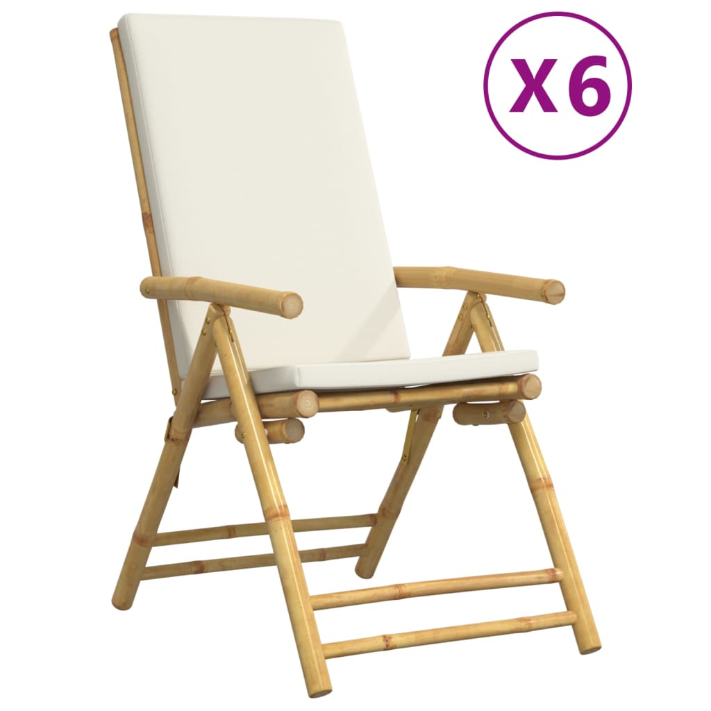 Bamboo Folding Recliner Set, Cream Cushions - 6 Piece Chairs