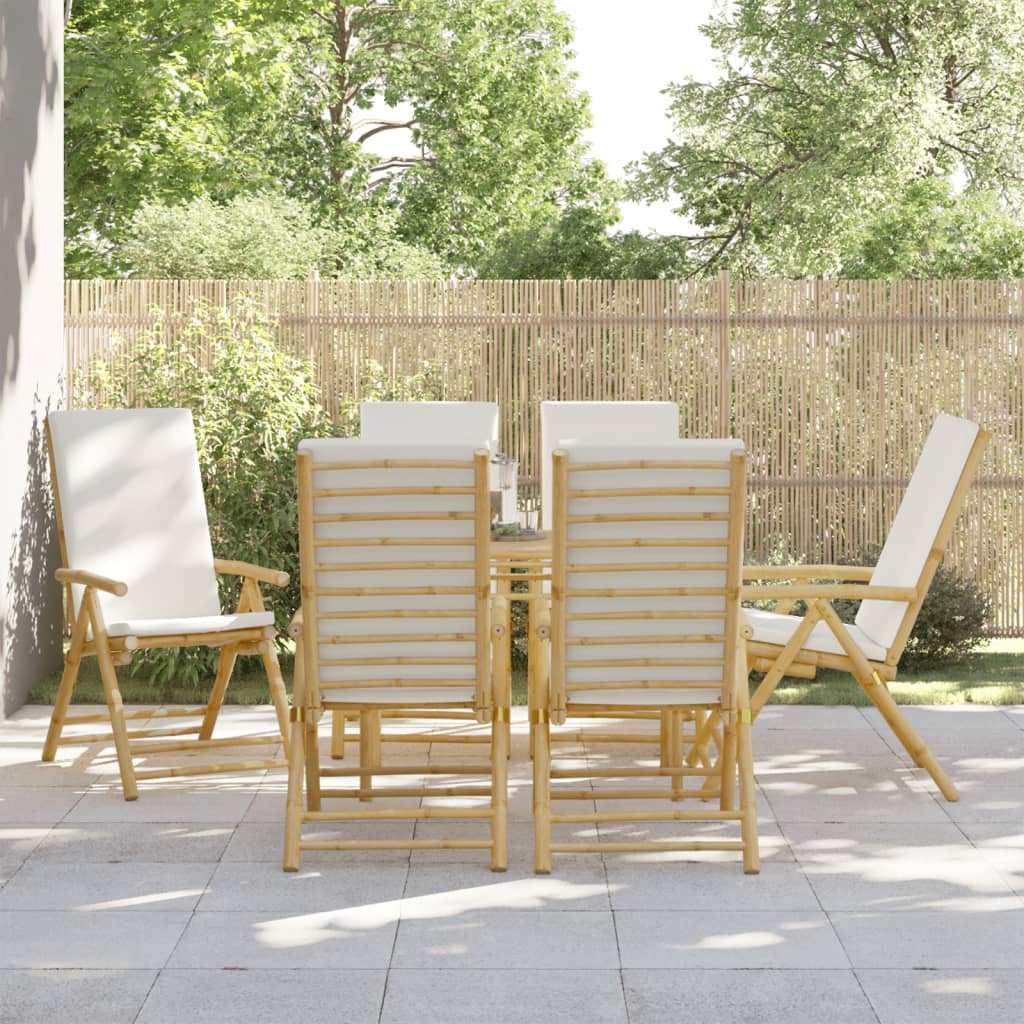 Bamboo Folding Recliner Set, Cream Cushions - 6 Piece Chairs