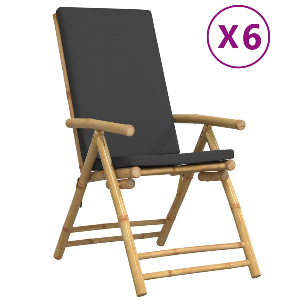6-Piece Bamboo Reclining Chairs with Dark Grey Cushions - Foldable