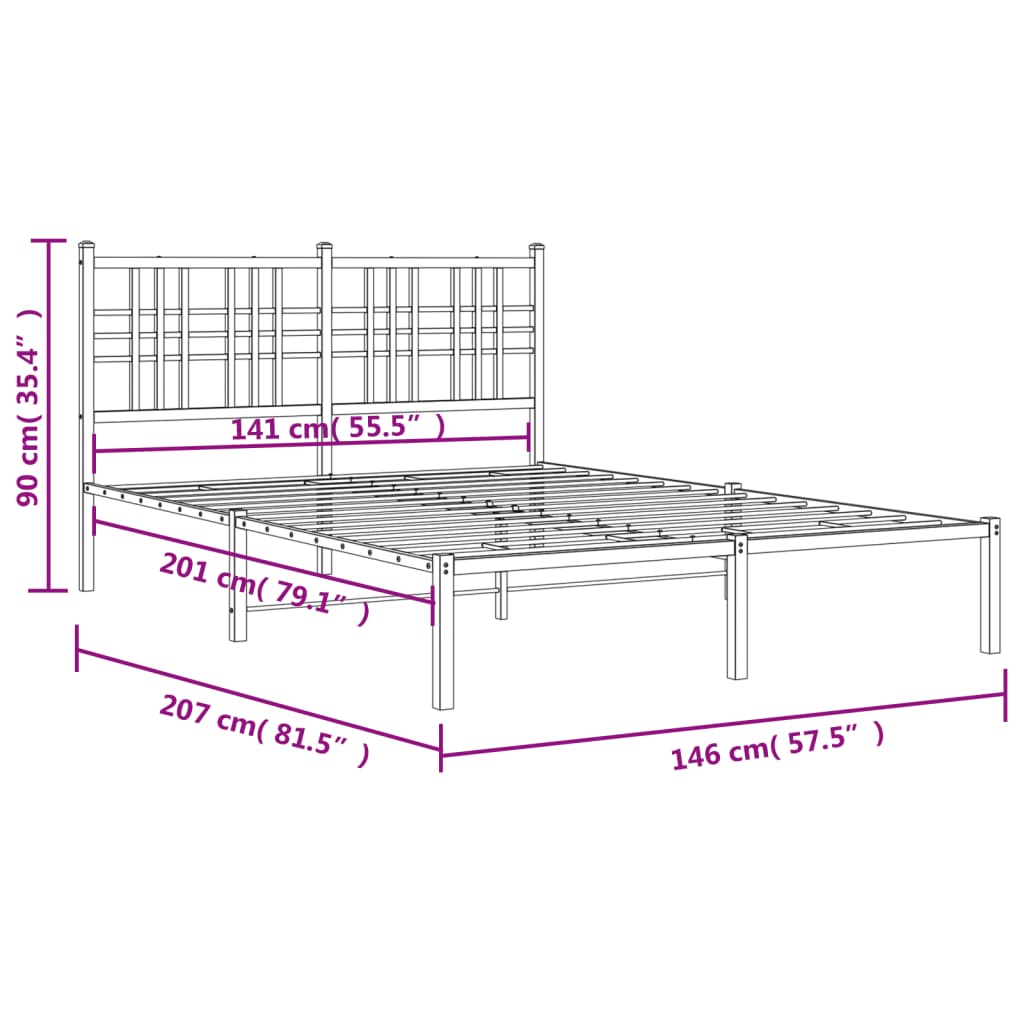 Black Metal Bed Frame with Headboard, 140x200cm, No Mattress Included